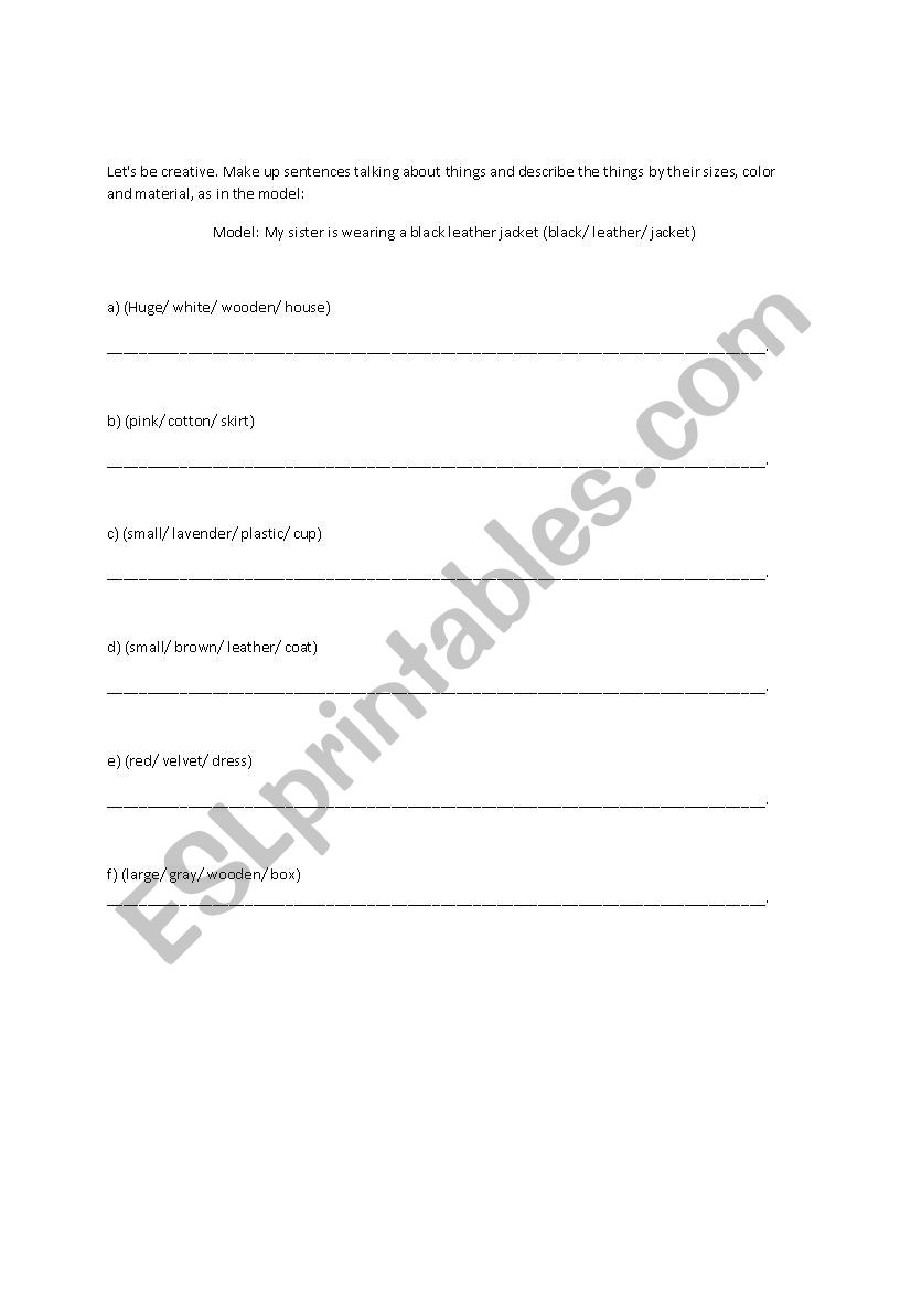 Size, Color and Material worksheet