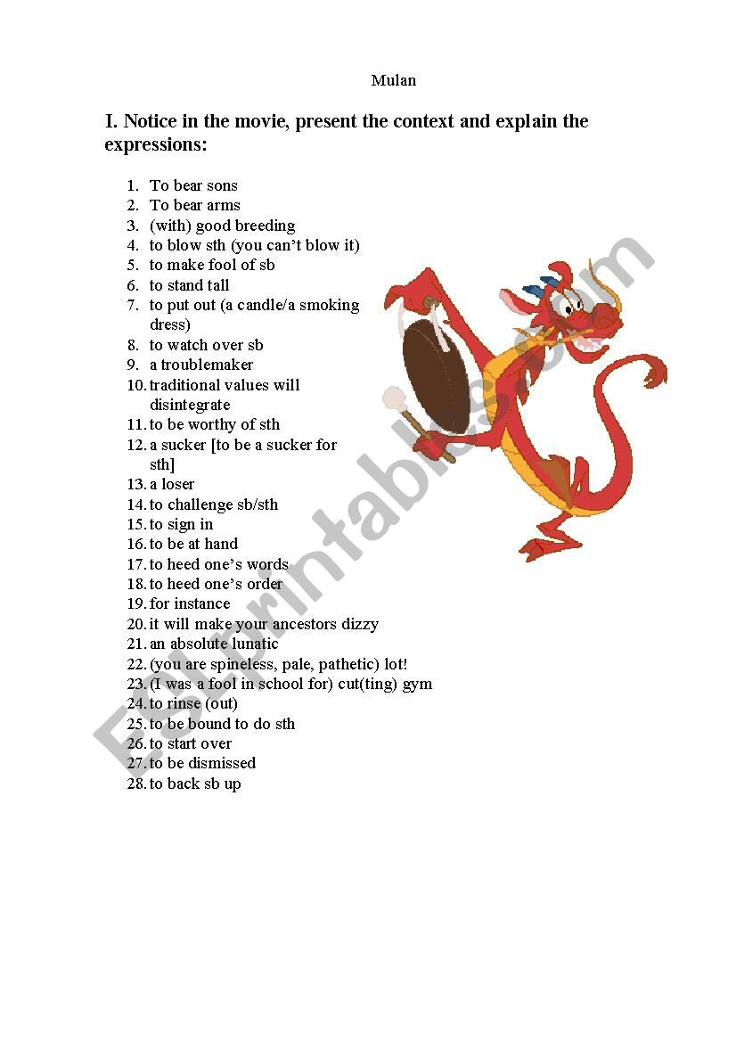 Mulan worksheet