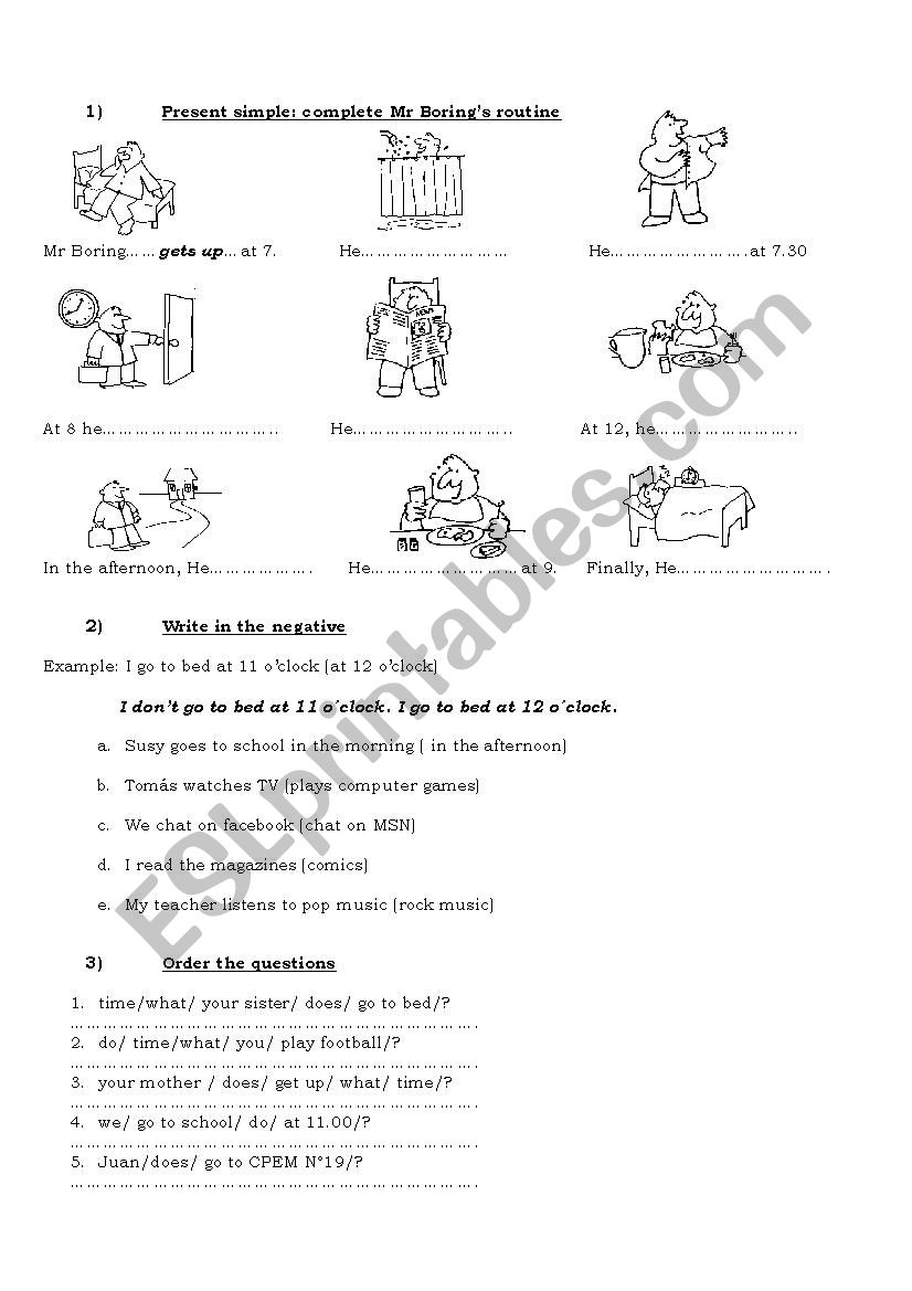 Mr Boring´s routine_Present Simple - ESL worksheet by letras86