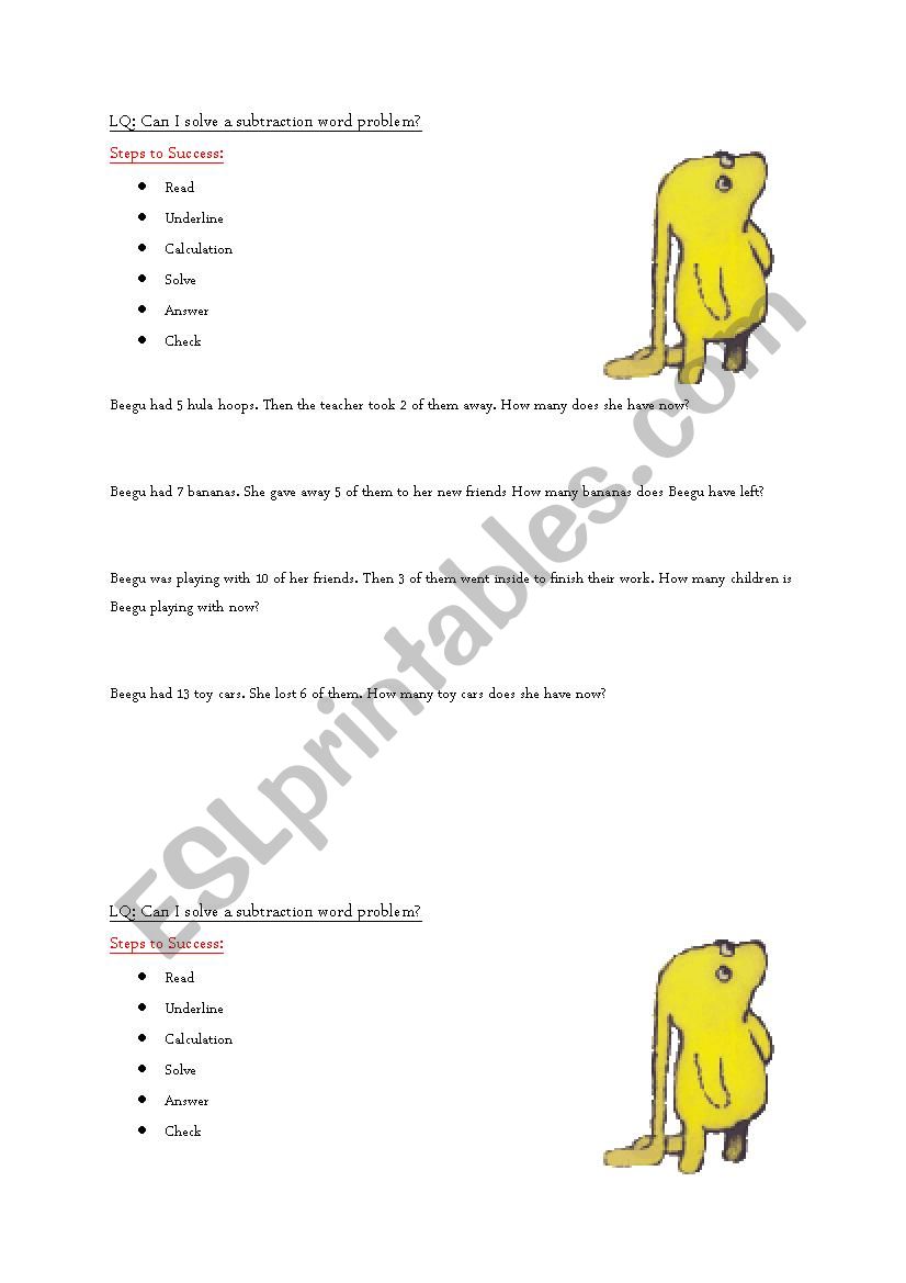 Beegu Subtraction Word Problems