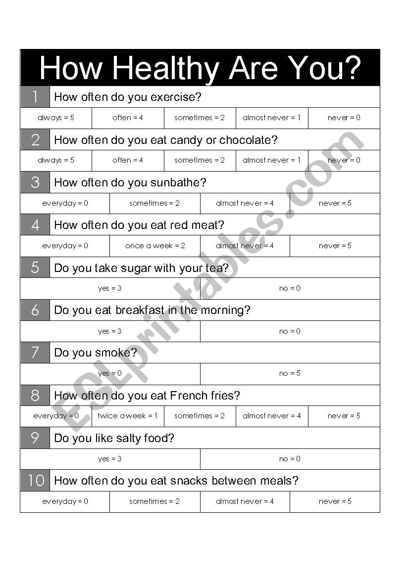 How Healthy are You? worksheet