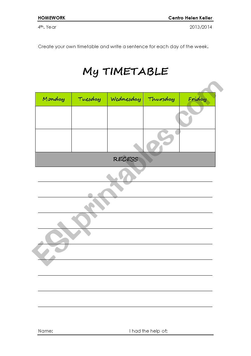 Timetable worksheet