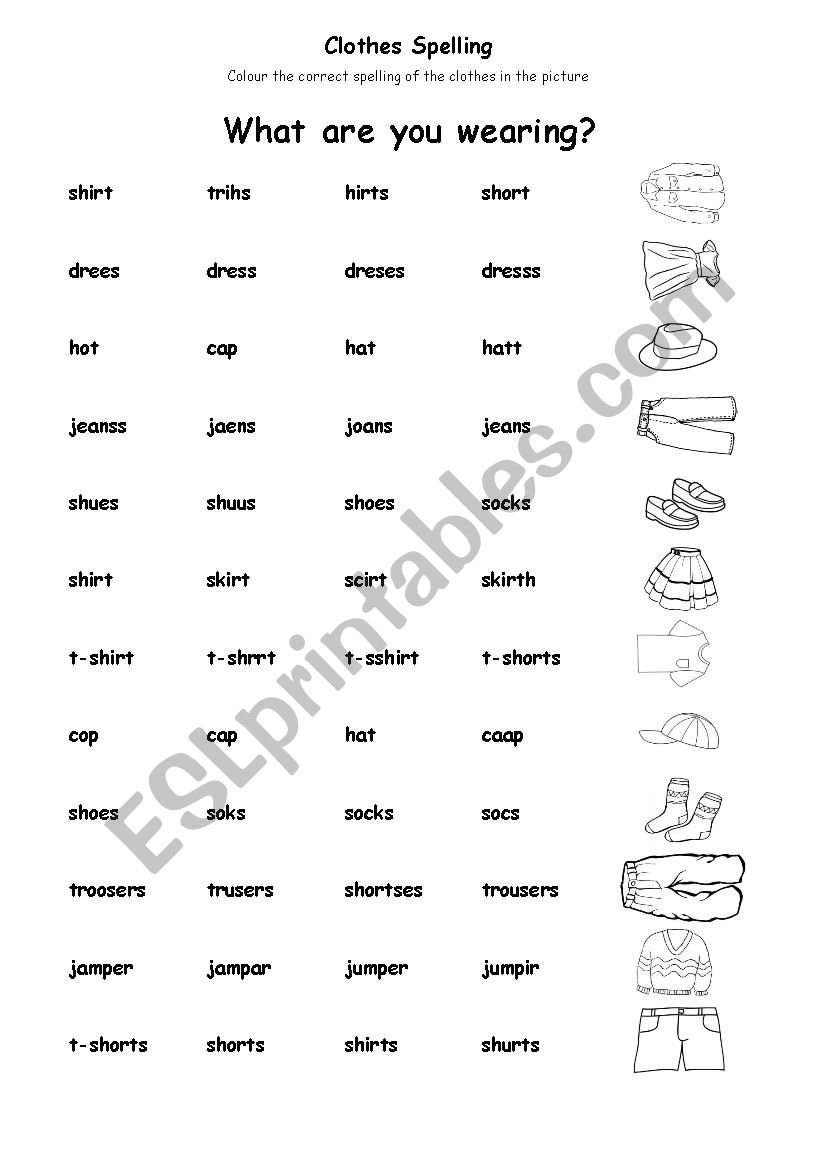 Clothes English Spelling Worksheet – English Treasure Trove
