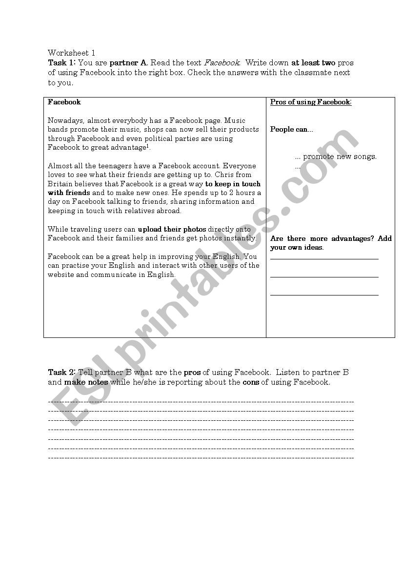Pros and Cons of Facebook worksheet