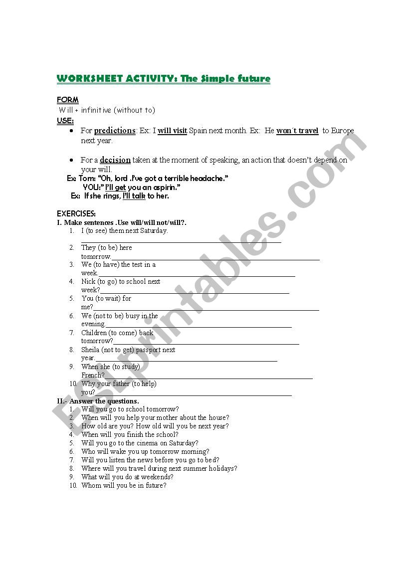 SIMPLE FUTURE TENSE worksheet