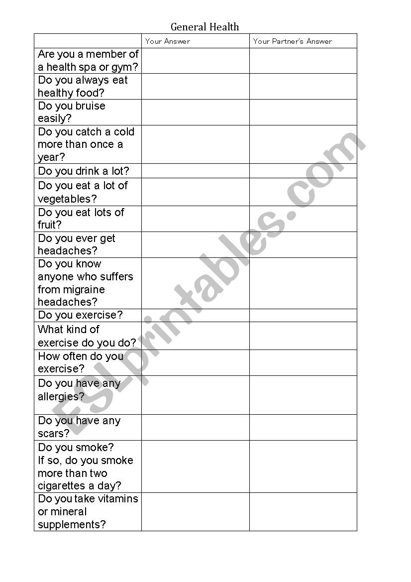 General Health: pair-share worksheet