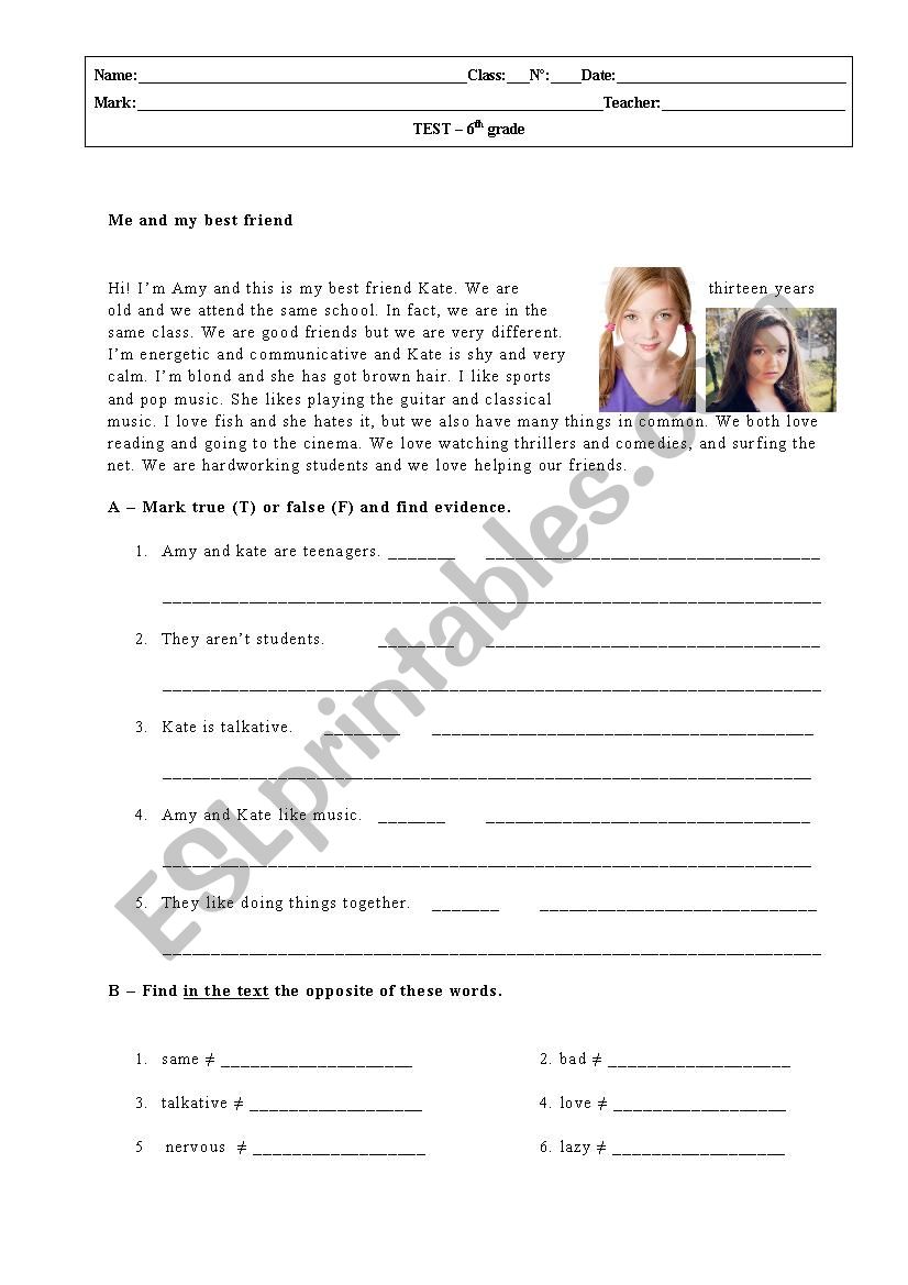 6th grade Test_January worksheet