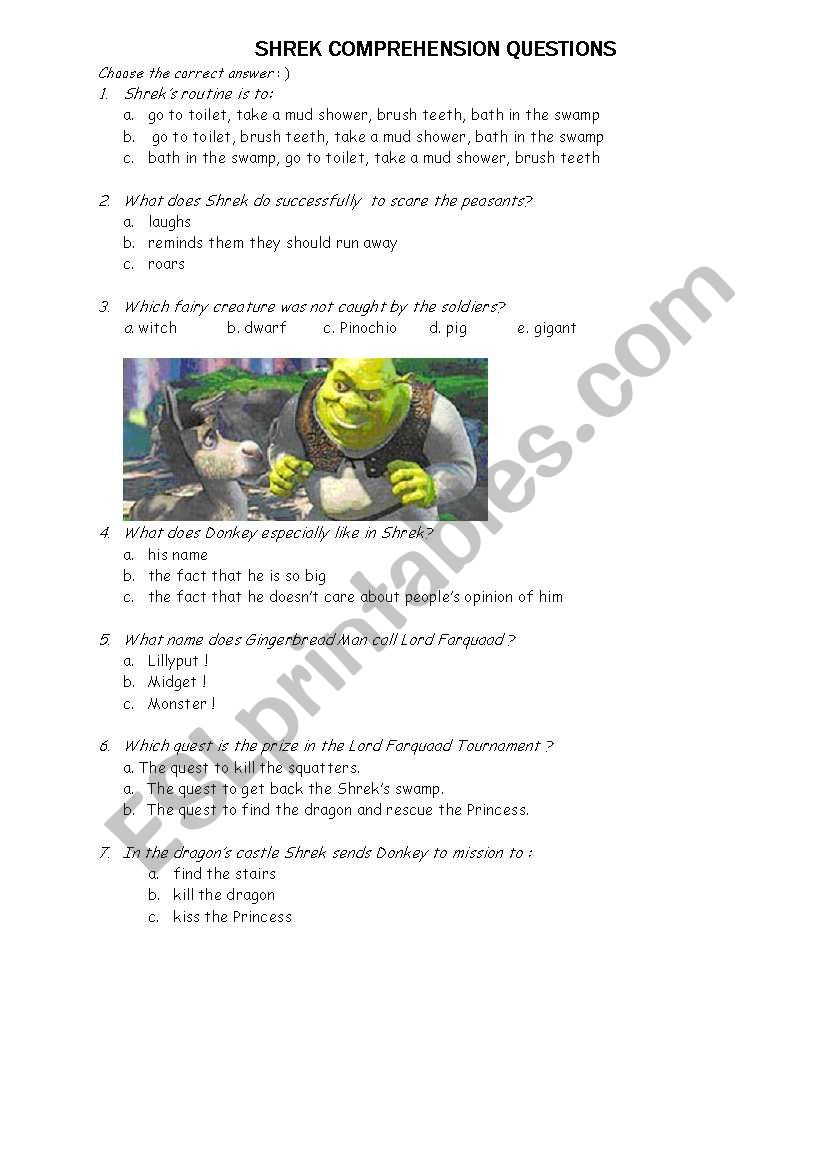 SHREK 1 comprehension exercice