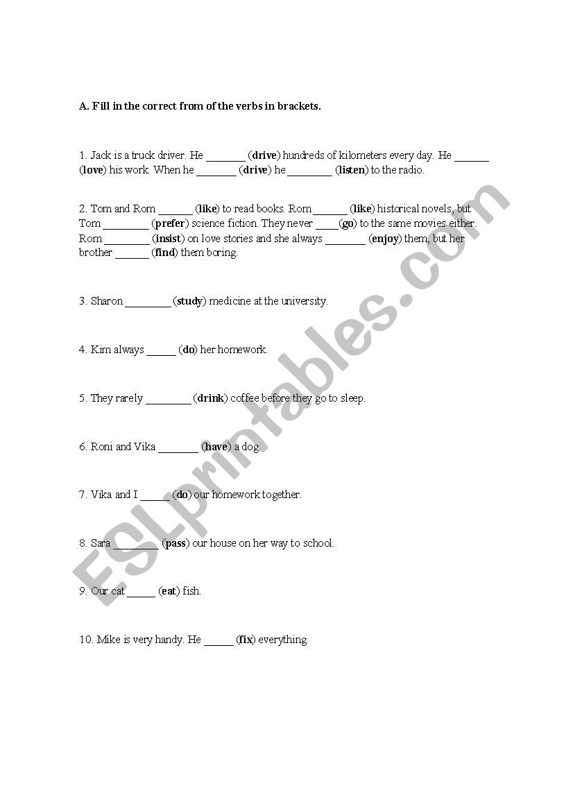 Simple Presente Exercises - ESL worksheet by AngelOchoa