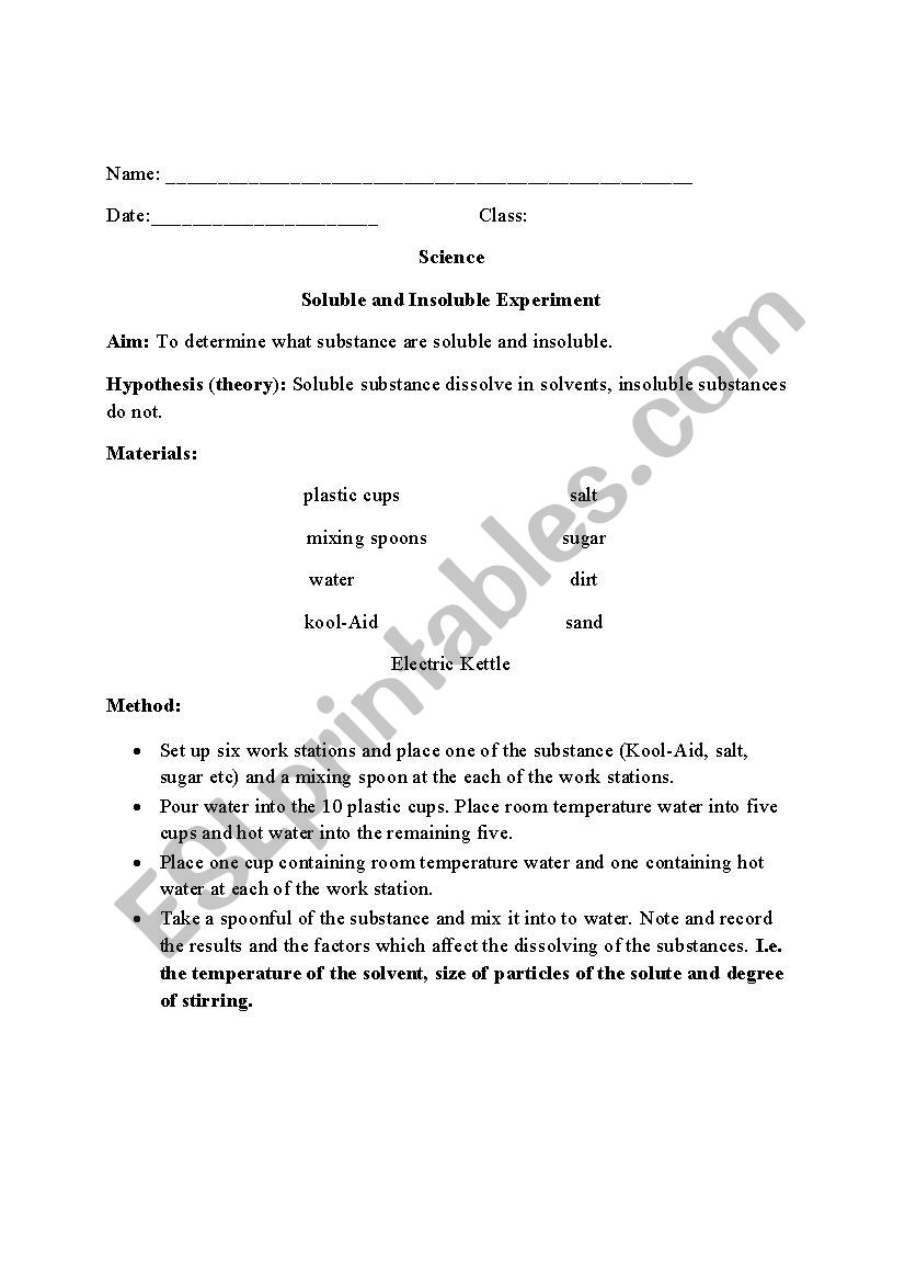 Soluble and Insoluble worksheet