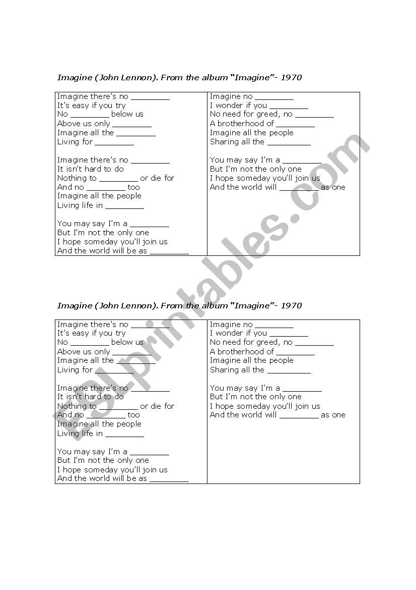 Imagine (John Lennon) worksheet