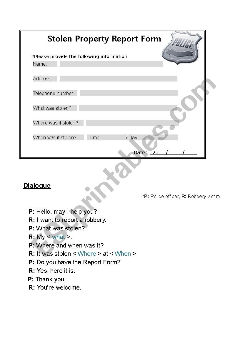 Stolen Property Report Template