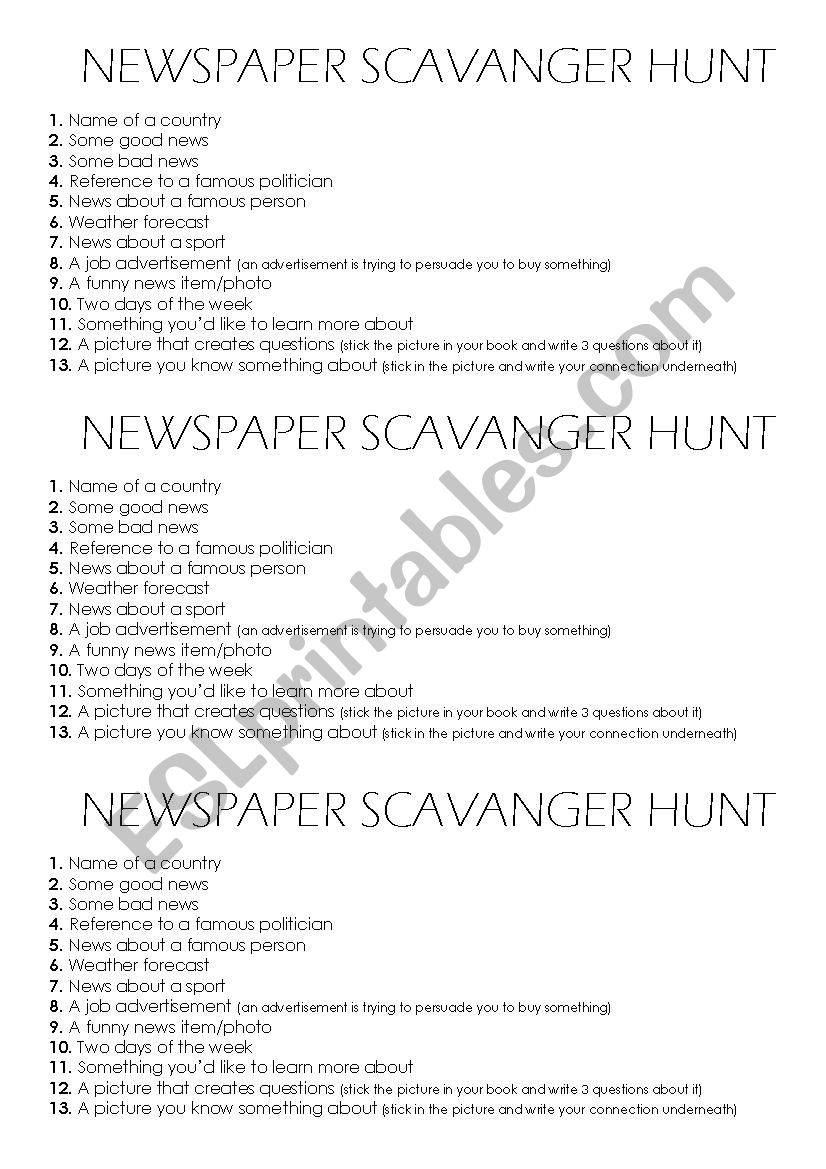 Newspaper Scavenger Hunt worksheet
