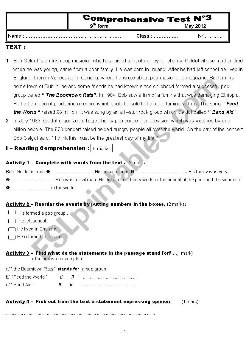 Full term test n°3 9th form May - ESL worksheet by massar-mm