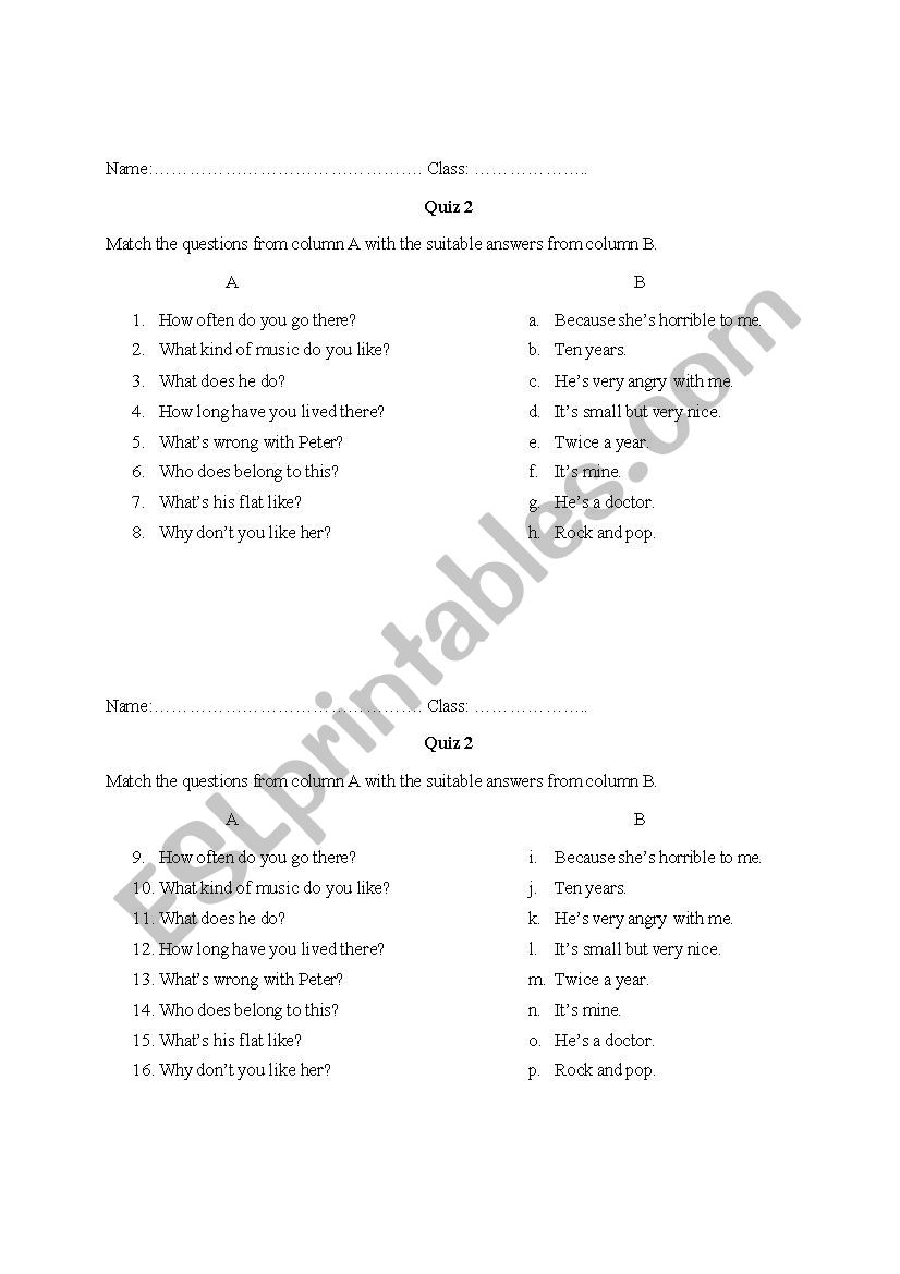 Speaking quiz worksheet