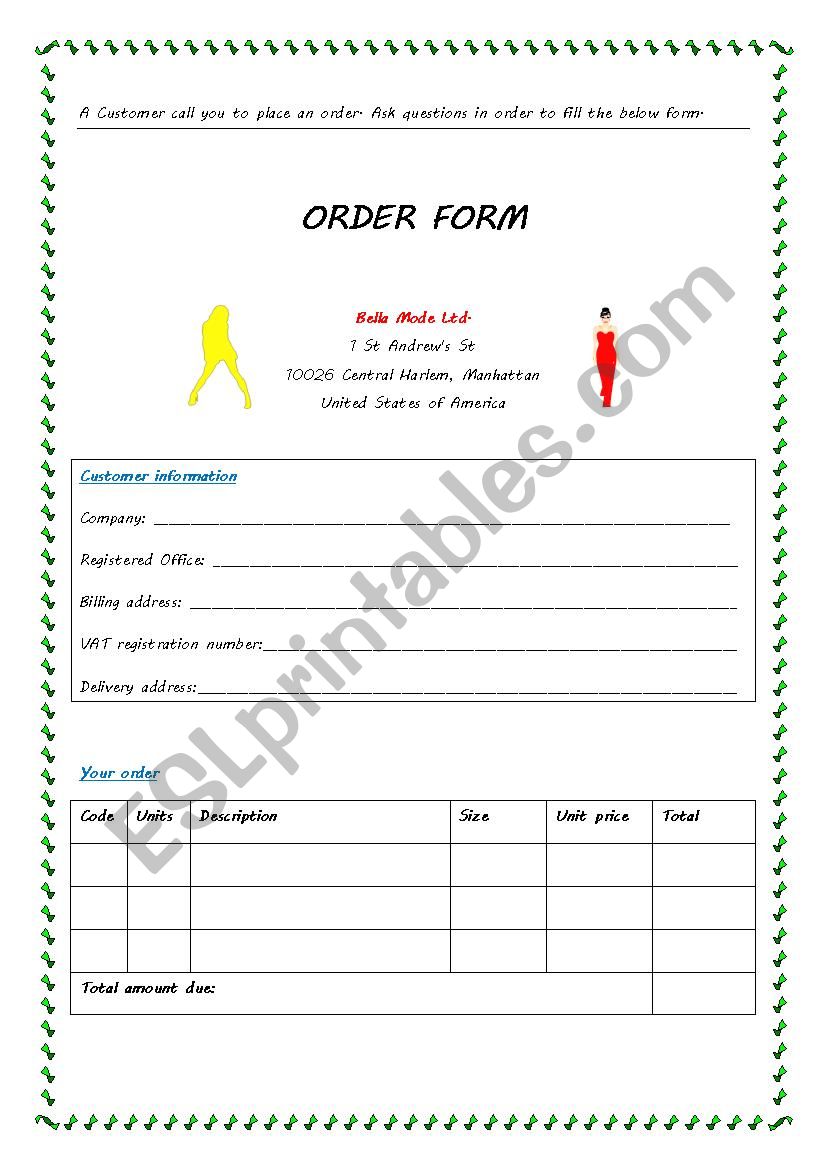 Order Form - ESL worksheet by Sarah1988it