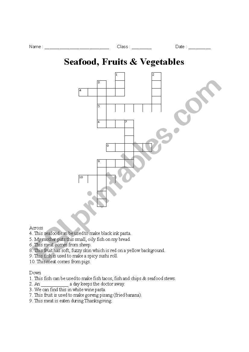 Seafood, Fruits & Vegetables worksheet
