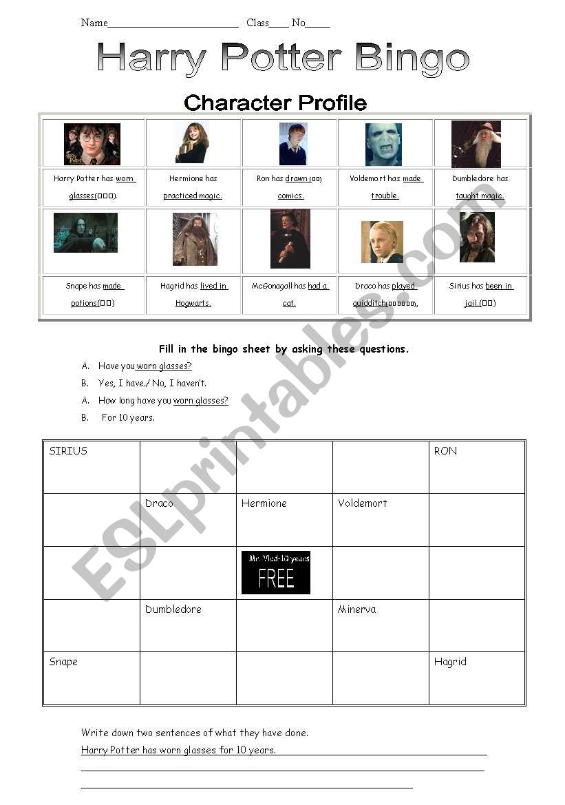 Harry Potter Bingo worksheet