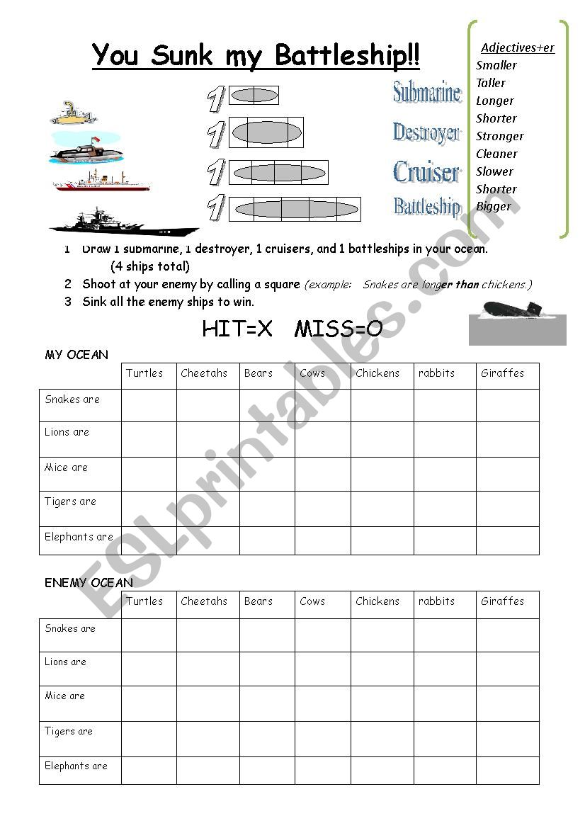 Comparative Battleship Game ESL Worksheet By Susie02