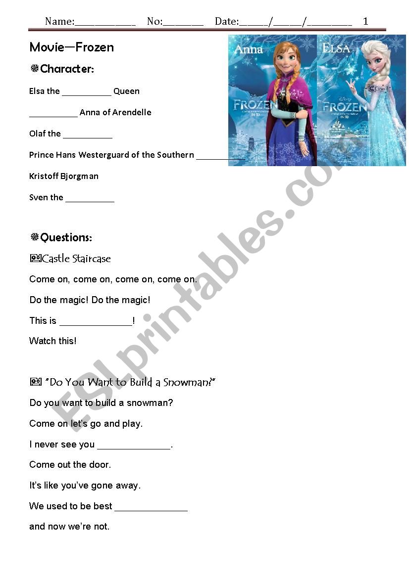 Movie-- Frozen worksheet