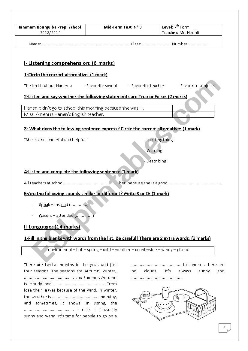 Mid-term Test N° 3 7th Form (Version 2) - ESL worksheet by tunlish