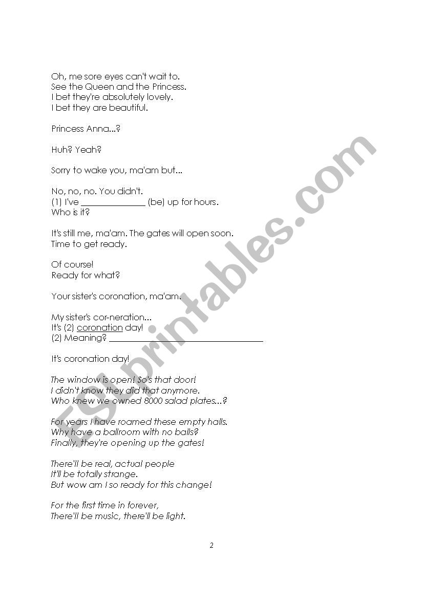 The Movie Frozen 13 Script 2 Lower Level Blank Esl Worksheet By Romie