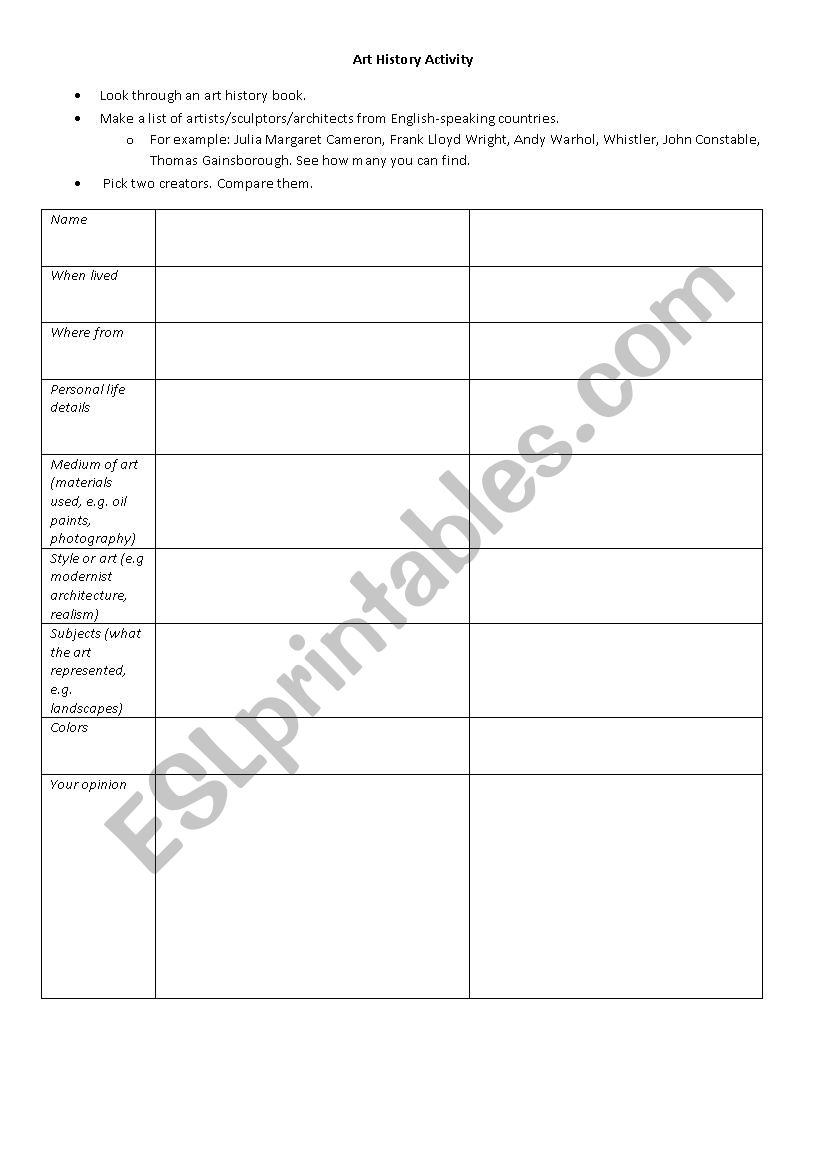 Art History Activity worksheet