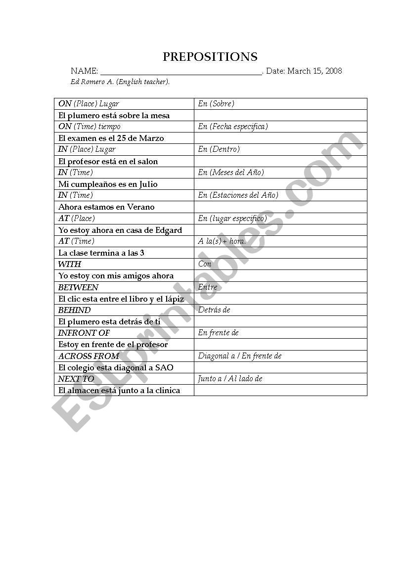 Preposition (Basic) worksheet