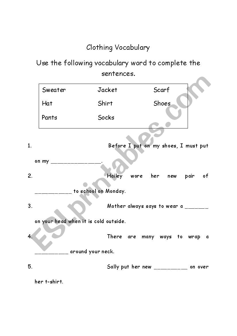 Clothing Vocabulary worksheet