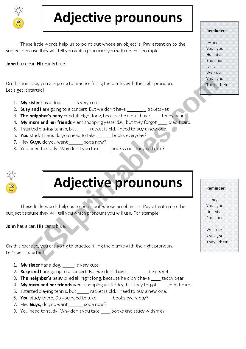 Adjective Pronouns worksheet
