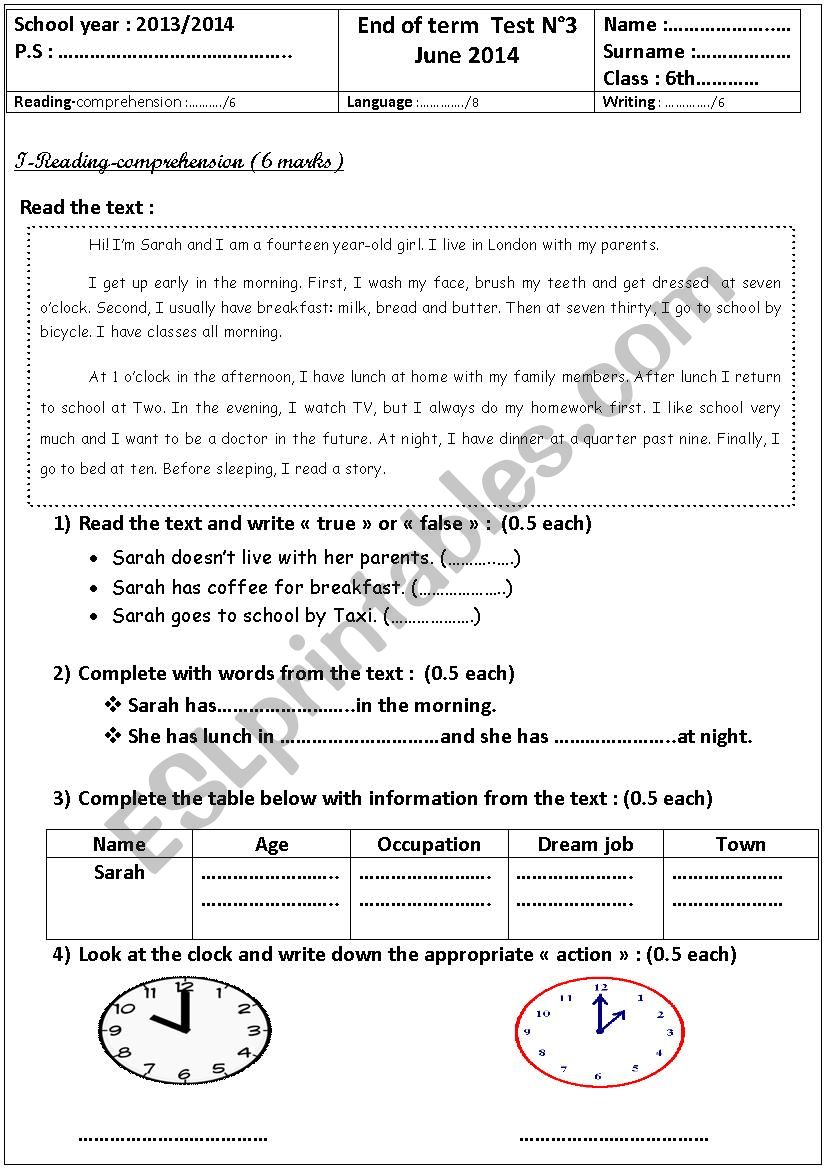 end of term Test n°3 - ESL worksheet by chirazchiraz1