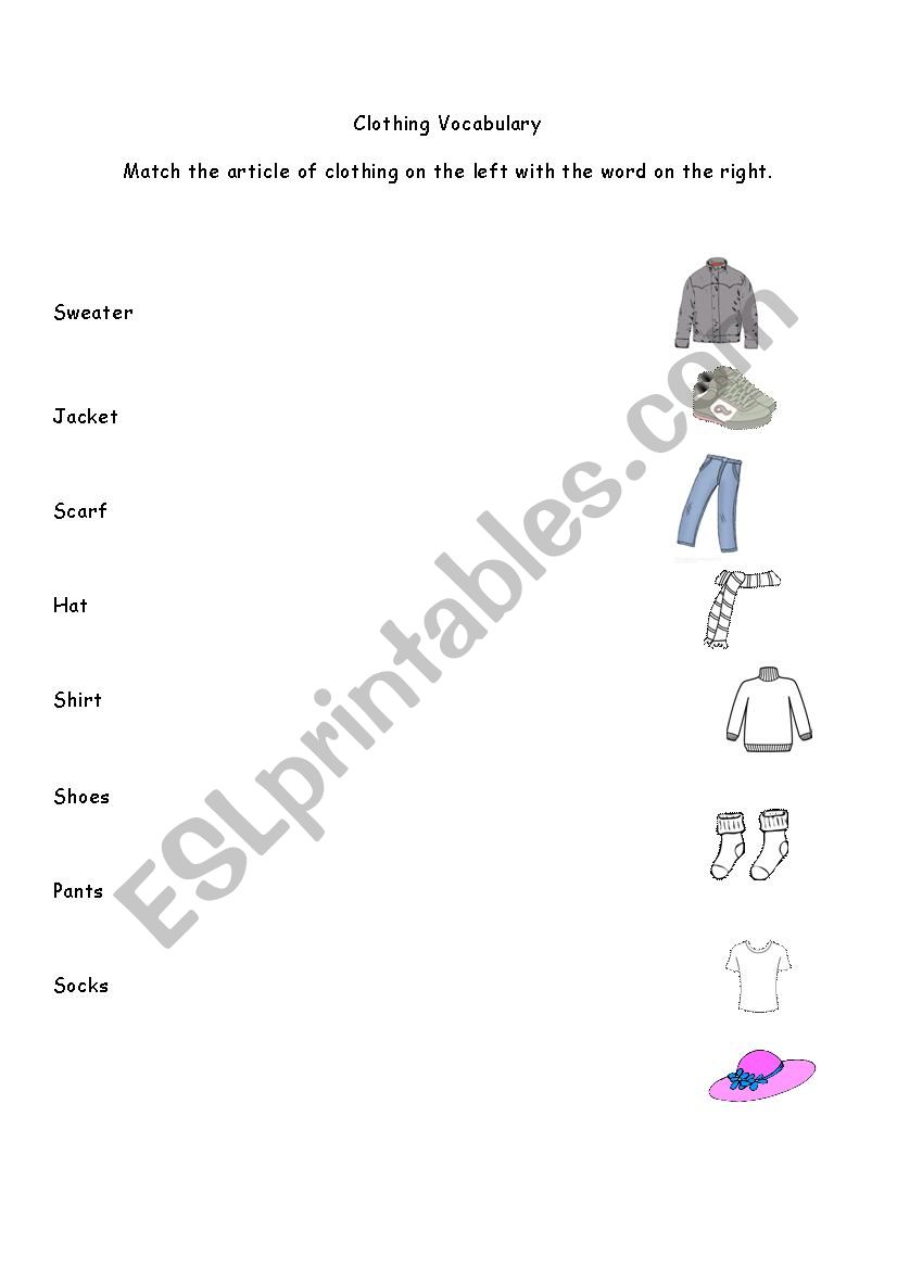 Matching Clothing Vocabulary worksheet
