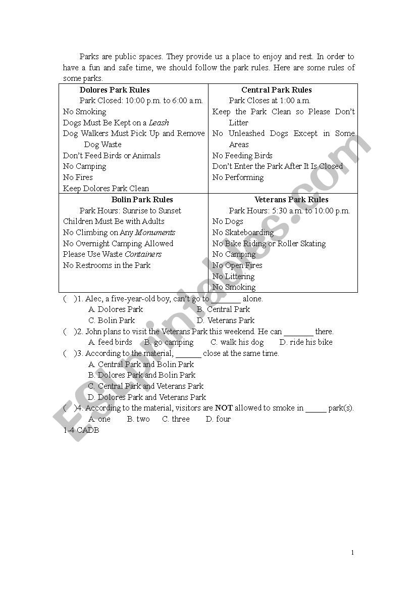 Park Rules worksheet