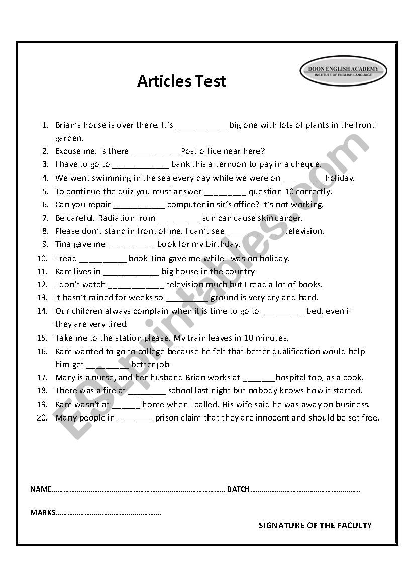 Articles worksheet