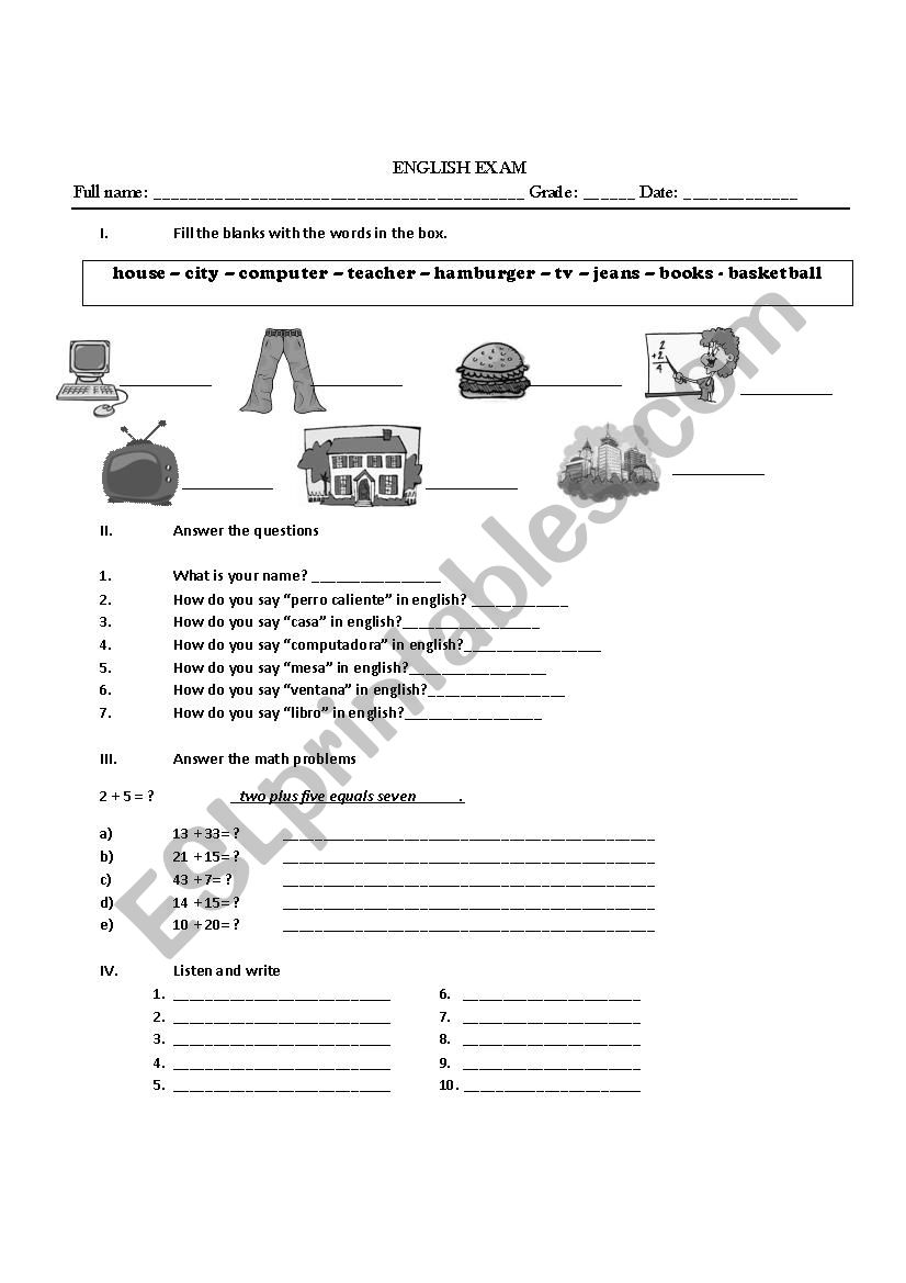 English Exam worksheet