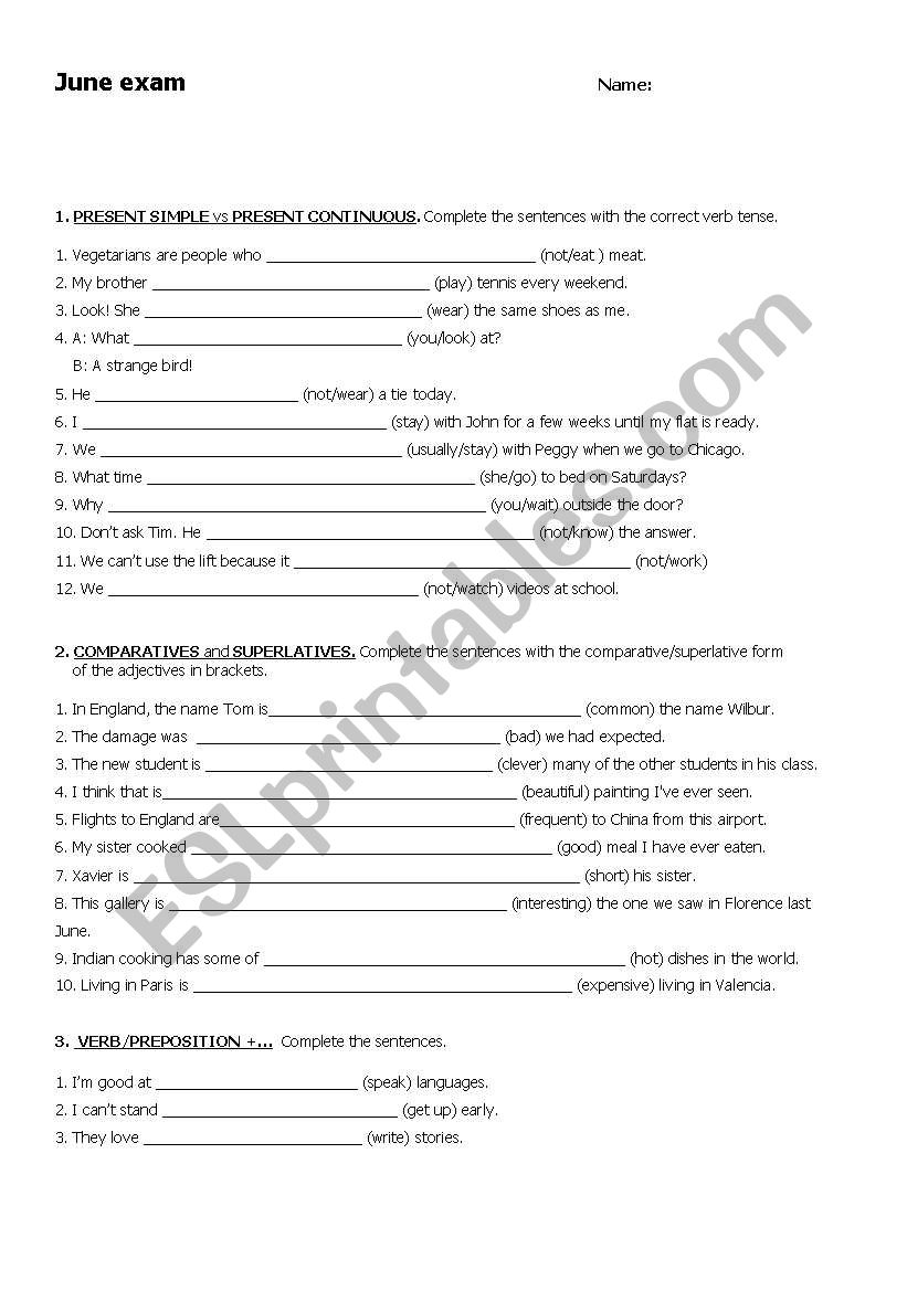 End of course exam worksheet