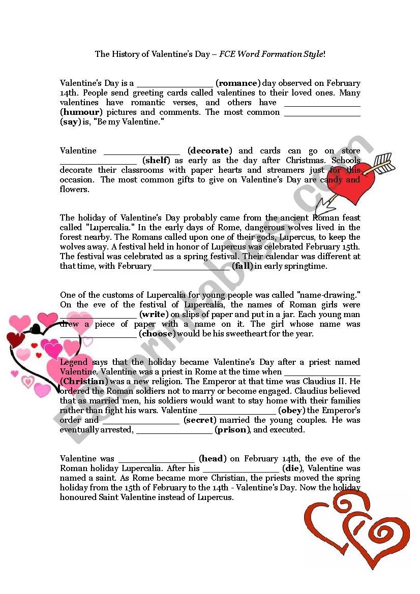 History of Valentine worksheet