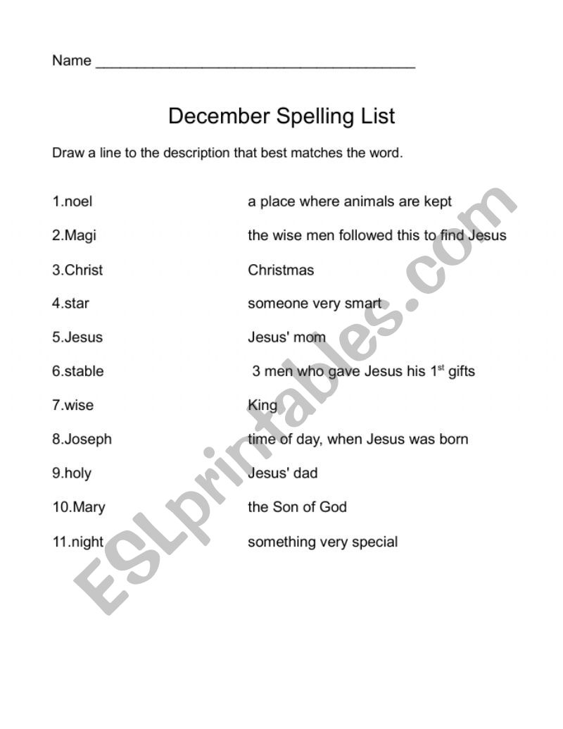 December Spelling matching worksheet