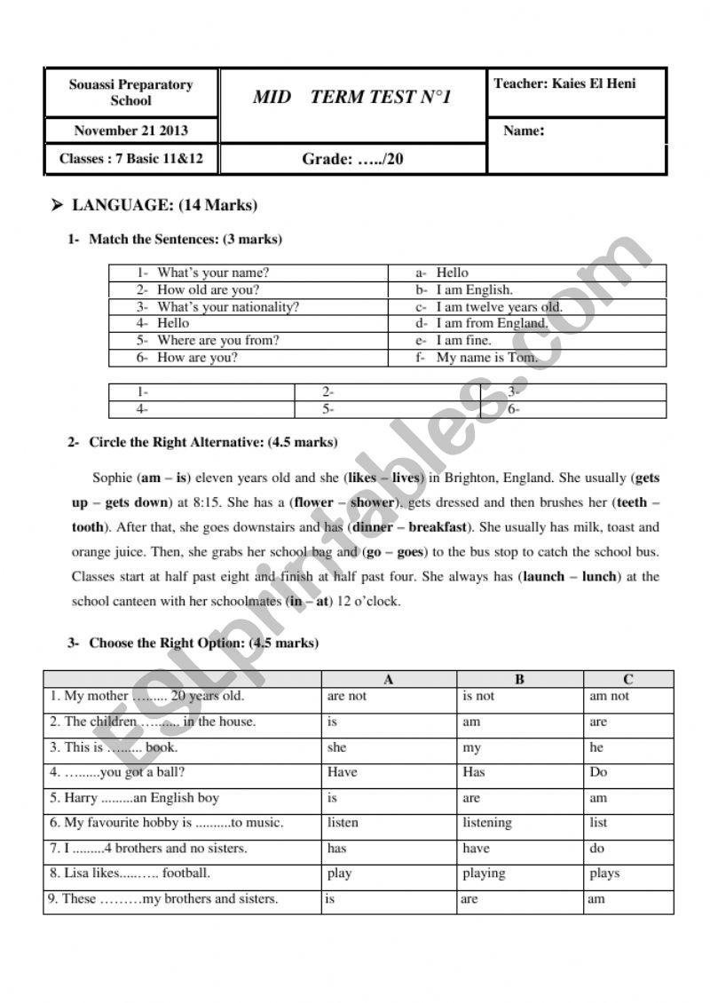 Mid-Term Test 1 worksheet