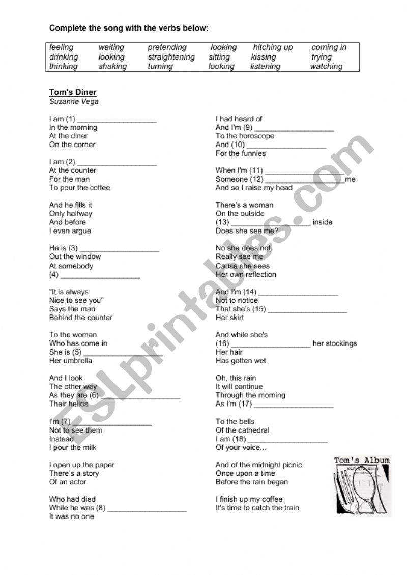 Song Activity - Toms Diner worksheet