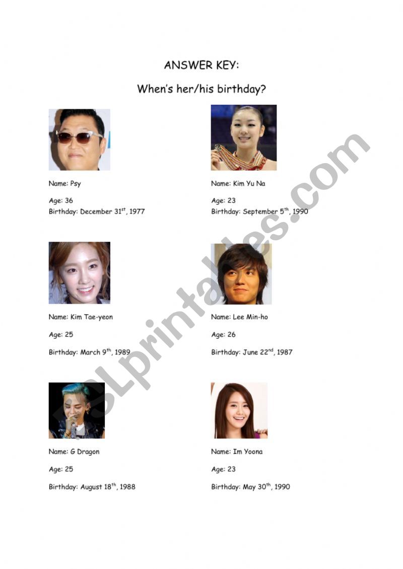 Birthday Gap Fill Answer Key - Korean Celebrities