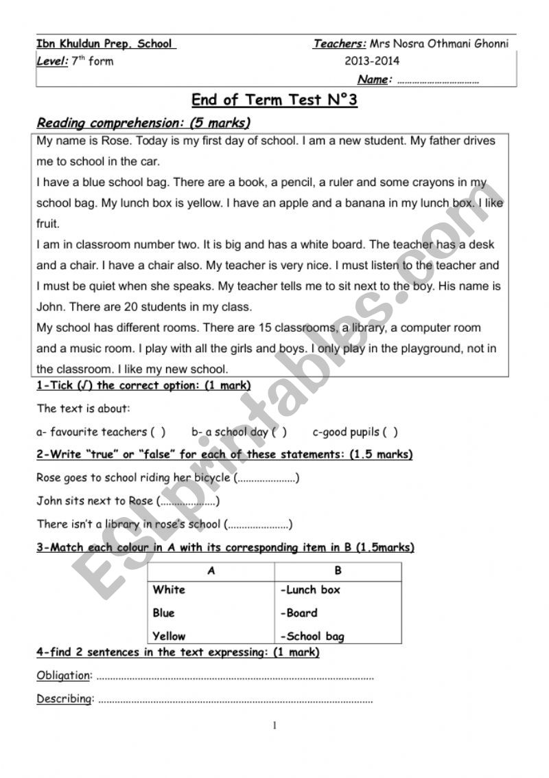 Full term test n°3 - ESL worksheet by nour elhouda