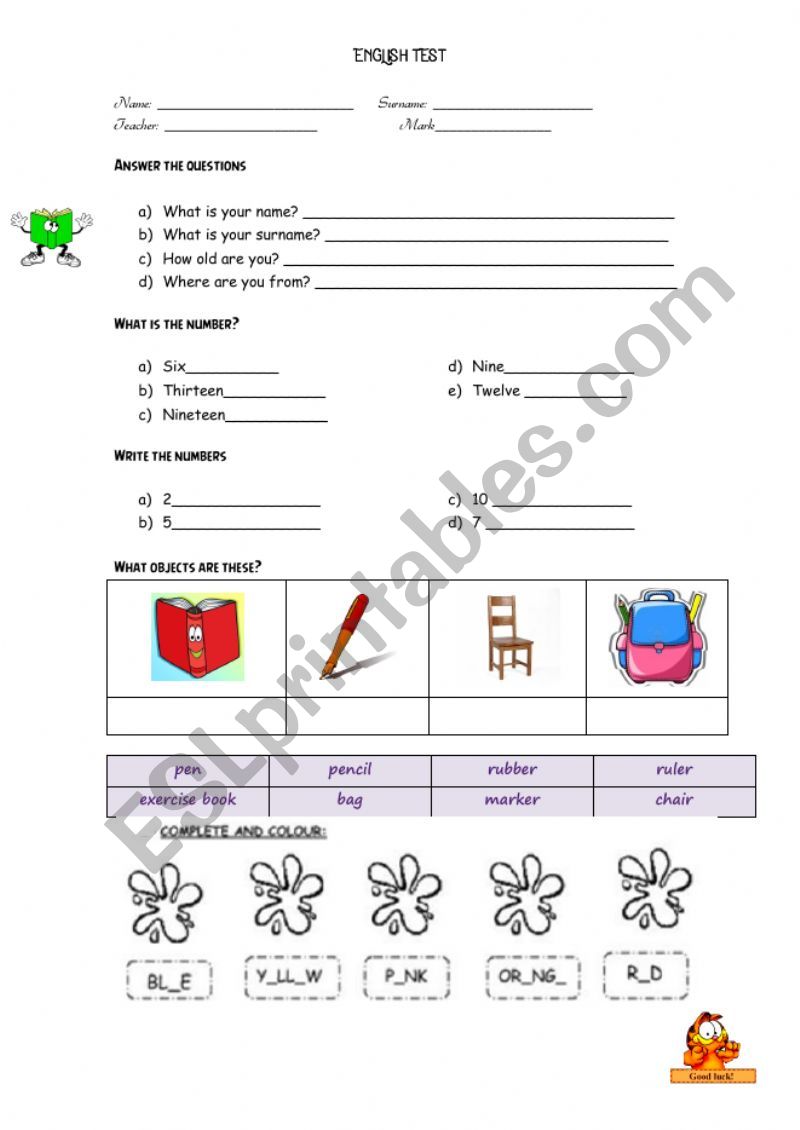 English test for kids worksheet