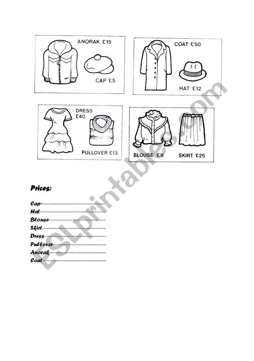 Clothes Prices worksheet