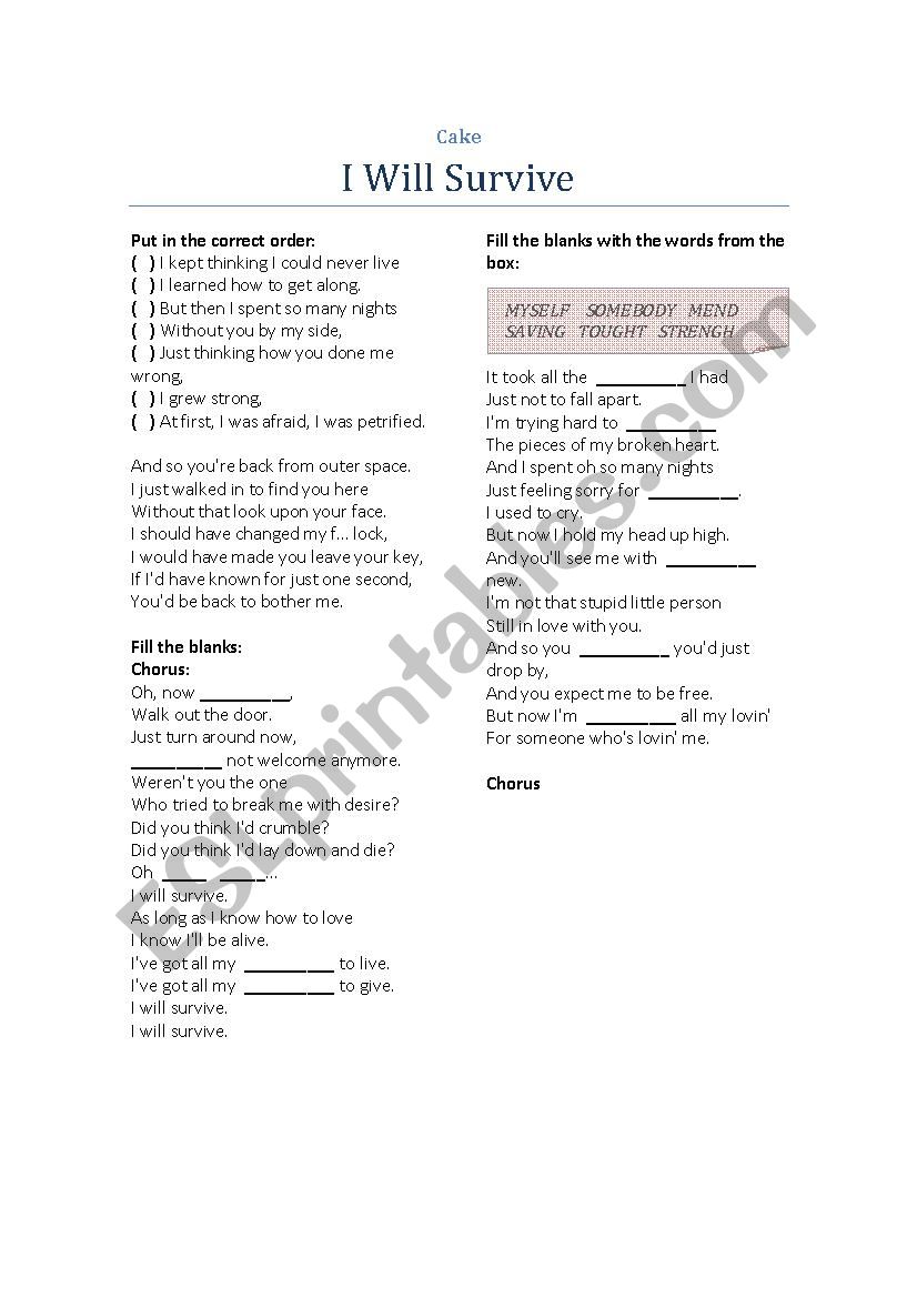 Song Activity - Artist: Cake - Song: I Will Survive - ESL worksheet by ...