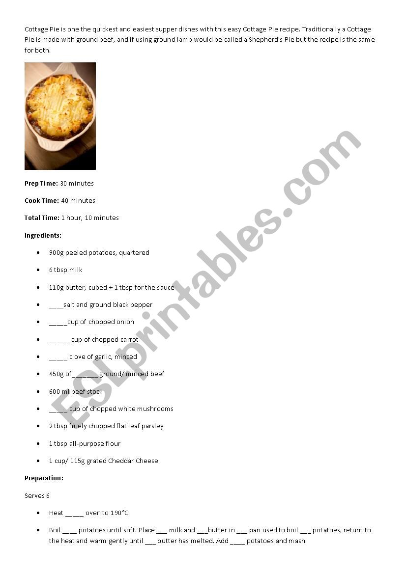 Cottage pie recipe worksheet