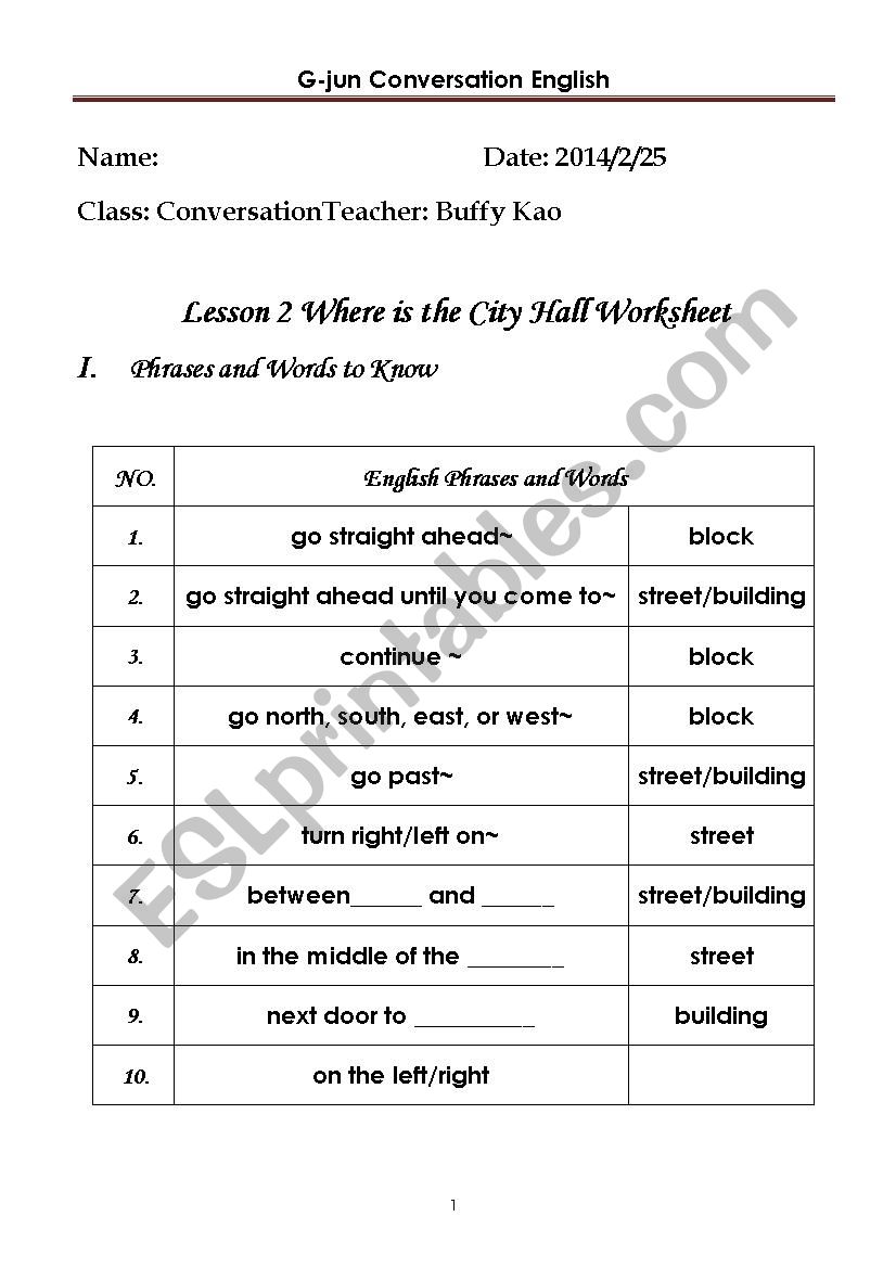 Where is the city hall? worksheet