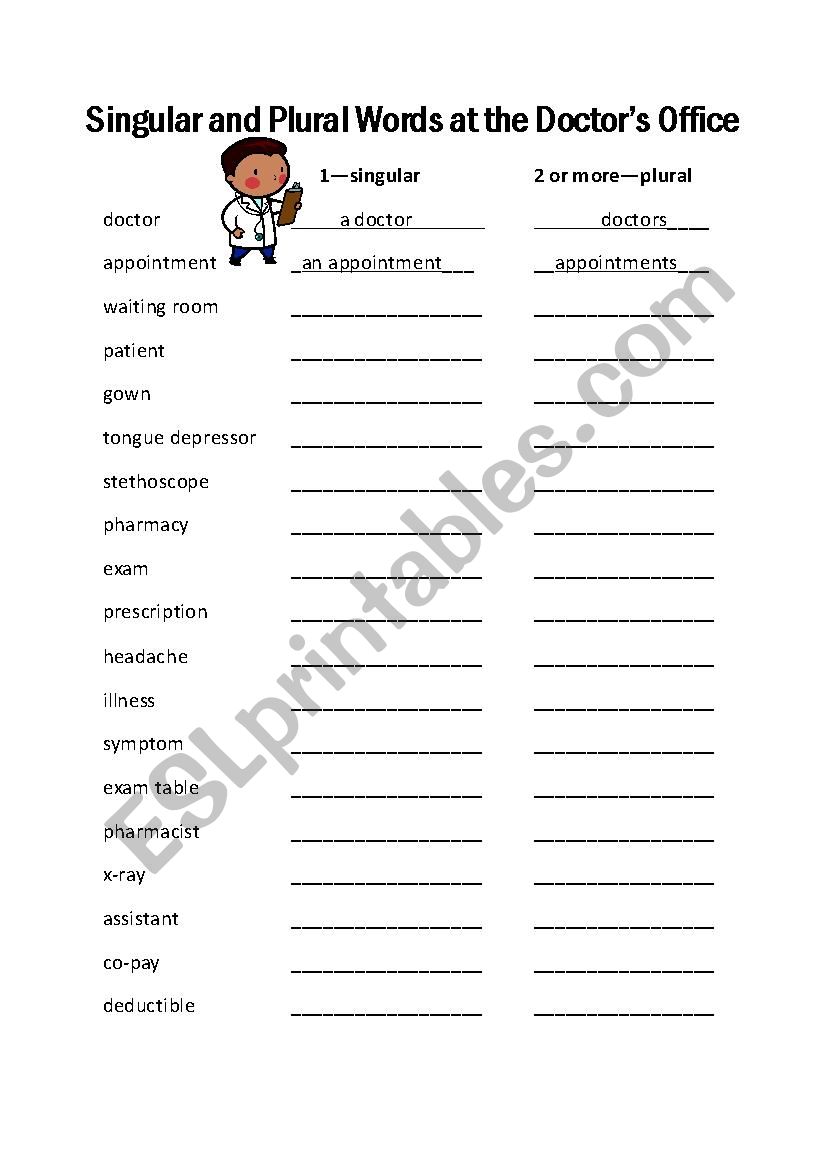 Singular (a/an) or Plural Words at the Doctor´s Office ESL worksheet