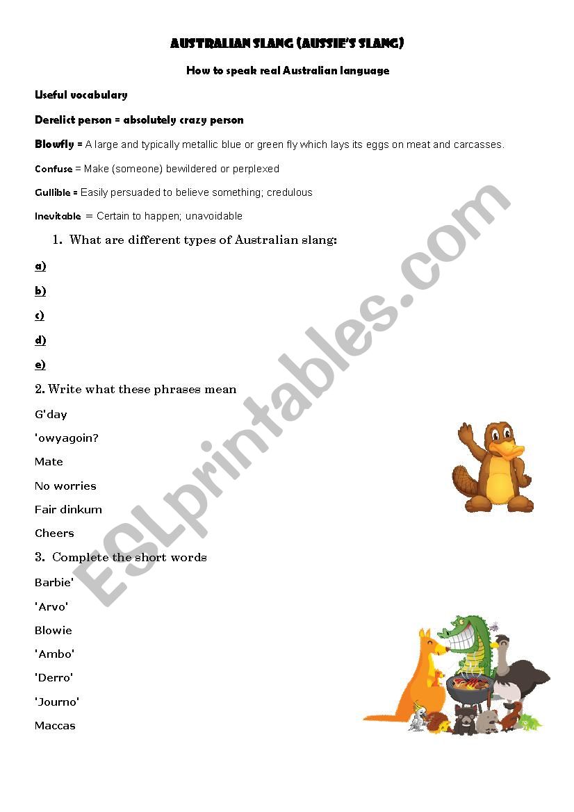 Australian slang worksheet