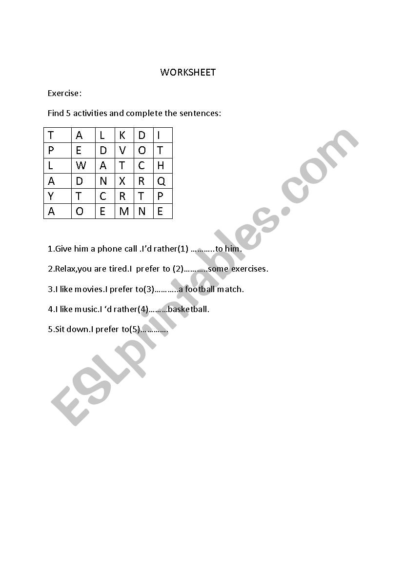 Exercise worksheet